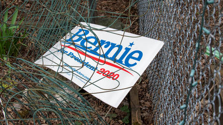 A lawn sign for Democratic 2020 presidential candidate Senator Bernie Sanders in Burlington, Vermont, April 8, 2020.