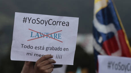 Supporters of the Alfarista Revolution Movement protest against the Government of the President of Ecuador, Lenin Moreno, and showed their support to former President Rafael Correa, Quito, Ecuador, Thursday July 5, 2018