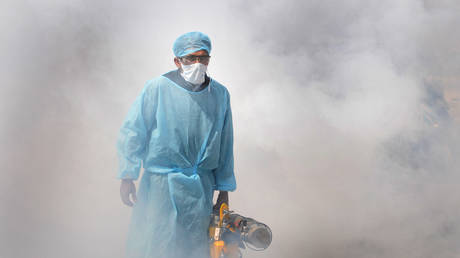 FILE PHOTO: A health worker disinfects a closed market in the Indian-controlled part of Kashmir. ©Keystone Press Agency/ Global Look Press