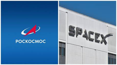 Roscosmos and SpaceX logos © Roscosmos; AFP / Robyn Beck