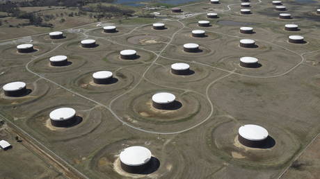 Crude oil storage tanks are seen from above at the Cushing oil hub, in Cushing, Oklahoma, US.