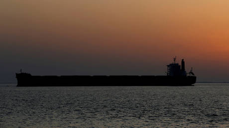 An oil tanker sits anchored off the Fos-Lavera oil hub near Marseille, France.