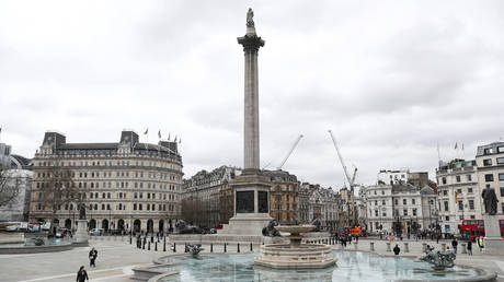 Trafalgar Square stands almost empty in London, Britain