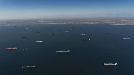 Oil tankers sitting off the coast of Southern California, US
