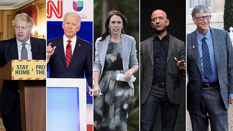 Boris Johnson © REUTERS/Andrew Parsons/No 10 Downing Street; Joe Biden © REUTERS/Kevin Lamarque; Jacinda Ardern © REUTERS/Loren Elliott; Jeff Bezos © REUTERS/Clodagh Kilcoyne; Bill Gates © REUTERS/Philippe Wojazer