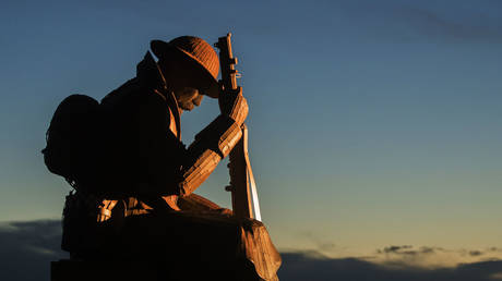 A view of Tommy, a statue of a First World War soldier by artist Ray Lonsdale, Seaham, England