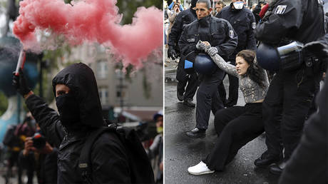 (L) A masked protester in Berlin's Kreuzberg district on May 1, © AFP / Odd Andersen; (R) Police officers detain a protester during a demonstration against the coronavirus lockdown in Berlin, Germany, May 2, © Reuters / Christian Mang