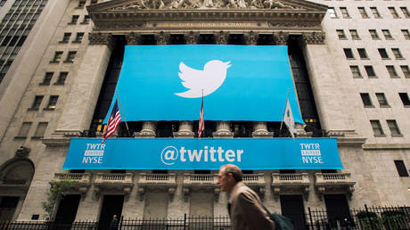 Twitter's logo on the NYSE the day of its IPO, or a sneak peek at the new Twitter-branded Ministry of Truth? © Reuters / Lucas Jackson