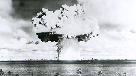 FILE PHOTO: A 63-kiloton nuclear warhead is seen detonating under water as part of the US' Operation Crossroads, conducted at Bikini Atoll in July 1946.