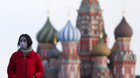 A woman wearing a medical mask at Red Square, Moscow, Russia on March 12, 2020