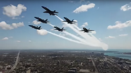‘Irresponsible, ignorant & reckless’: WATCH drone risk COLLISION with Blue Angels stunt squad to capture Detroit flyover footage