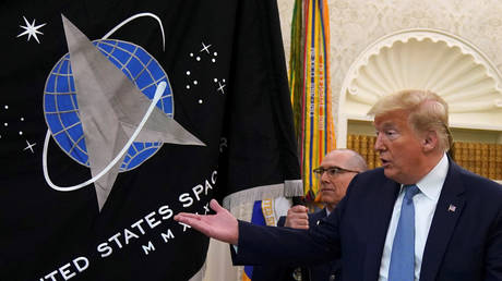 President Donald Trump presents the US Space Force flag, May 15, 2020