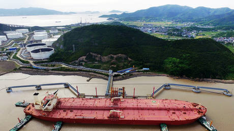 Oil tanker is seen at a crude oil terminal in Ningbo Zhoushan port, Zhejiang province, China