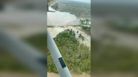 An aerial view of water from the breached Edenville Dam in Midland, Michigan, seen flooding the area as it flows towards Wixom Lake, May 19, 2020.