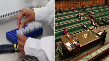 FILE PHOTOS (L) Scientists working on a potential vaccine for COVID-19 in Keele, Britain, April 30, 2020 © Reuters / Carl Recine; (R) UK Parliament © Reuters / Jessica Tailor