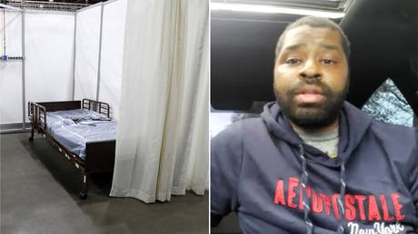 (L) FILE PHOTO: A cubicle in the convention halls at TCF Center converted into a field hospital for in Detroit, Michigan © AFP / Jeff Kowalsky; (R) © RT