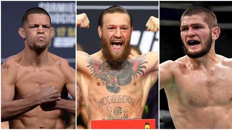 Conor McGregor (C) drew responses from Nate Diaz (L) and Khabib (R) with his GOATs of MMA list. © Reuters / USA Today Sports