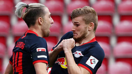 Timo Werner (R) was on target for Leipzig. © Reuters