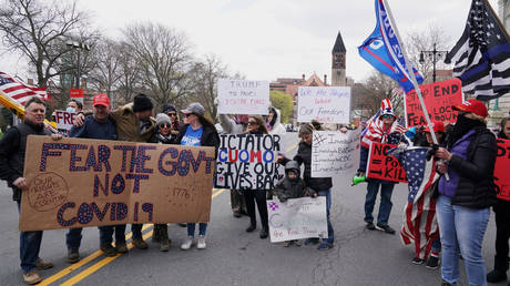 FILE PHOTO: Demonstrators protest against lockdown measures during the coronavirus outbreak in Albany, New York