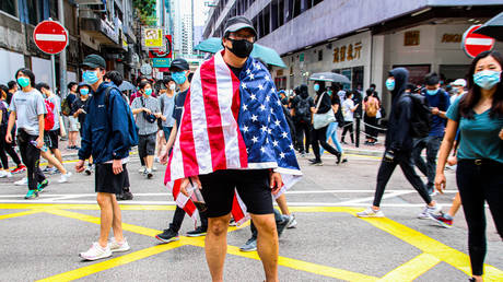 Hong Kong street protester during the 24th May protests in the Causeway Bay district in Hong Kong, China, on Sunday, May 24, 2020