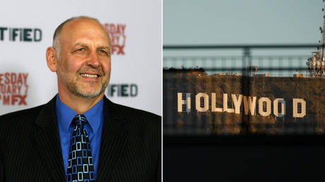 (L) Nick Searcy at premiere for season five of "Justified" at the DGA theatre in Los Angeles; (R) Morning sun rise on the Hollywood sign in Los Angeles © Reuters / Mario Anzuoni / Mike Blake