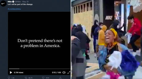 A Nike tweet in wake of George Floyd protests and riots. © Twitter / Nike; A Nike store being looted in Chicago. © Twitter / RT