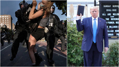 (L) Riot police clear Lafayette Park near the White House for President Donald Trump's photo-op in front of St. John's Episcopal Church, June 1, 2020; (R) Trump stands in front of St. John's Church, June 1, 2020.