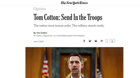 Senator Tom Cotton's (R-Arkansas) op-ed in the New York Times calling for troops to be deployed to "restore order" in American cities, following a string of protests and riots over police brutality.