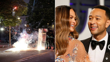 (L) Firework thrown by protesters goes off near police in Atlanta, Georgia © REUTERS/Dustin Chambers; (R) Chrissy Teigen and John Legend at 91st Academy Awards Beverly Hills, California © Reuters / Danny Moloshok
