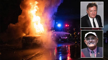 (TR) Piers Morgan © Global Look Press/Billy Bennight (BR) Rudy Guiliani © Global Look Press/Bruce Cotler (M) NYPD police car on fire as protesters clash with police  © REUTERS/Jeenah Moon