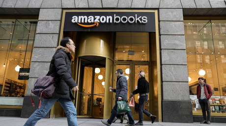 People walk past an Amazon Books retail store in New York City