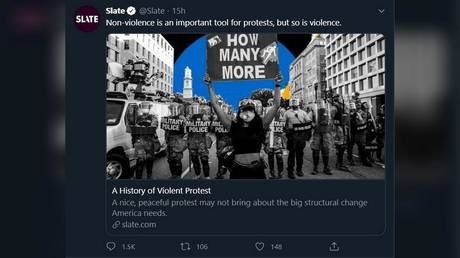Slate tweet proclaiming “Non-violence is an important tool for protests, but so is violence.” June 4, 2020