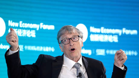 Bill Gates attends a conversation at the 2019 New Economy Forum in Beijing, China