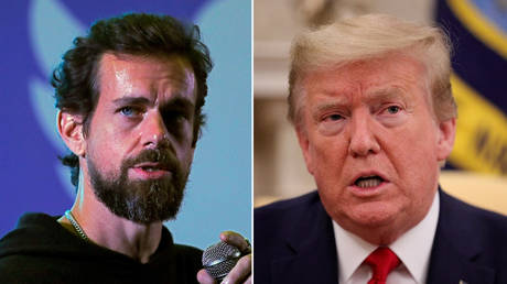 Jack Dorsey at town hall at the Indian Institute of Technology (IIT) in New Delhi, India/Donald Trump at the White House in Washington © Reuters / Anushree Fadnavis; Tom Brenner