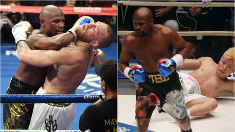 Floyd Mayweather tussles with Conor McGregor and Tenshin Nasukawa, JOHN GURZINSKI / AFP (left); Reuters / ISSEI KATO (right)