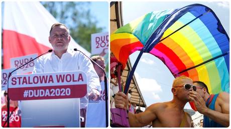 Andrzej Duda attends an election rally. ©Patryk Ogorzalek/Agencja Gazeta via REUTERS /  Gay Pride march in Warsaw in 2010. ©REUTERS/Kacper Pempel