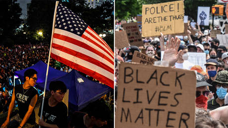 (L) Protesters hold an American flag at Chater House Garden in Hong Kong on August 16, 2019; (R) Demonstrators march in support of the Black Lives Matter Movement on June 6, 2020 in New York City © AFP / Lillian Suwanrumpha; Stephanie Keith