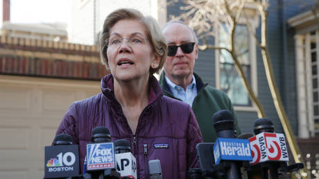 Elizabeth Warren talks to reporters in Cambridge, Massachusetts