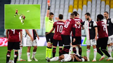 AC Milan's Ante Rebic is shown a straight red card for his challenge on Juventus star Danilo. © Reuters / Twitter