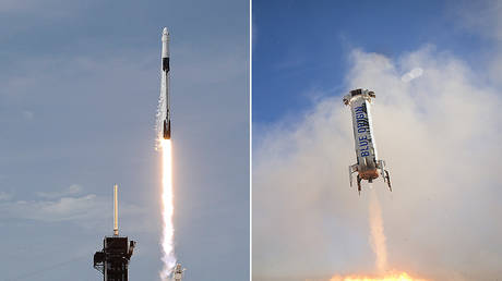 (L) A SpaceX Falcon 9 rocket and Crew Dragon spacecraft © REUTERS/Thom Baur; (R) Blue Origin New Shepard Rocket © Global Look Press/ZUMAPRESS.com/Blue Origin
