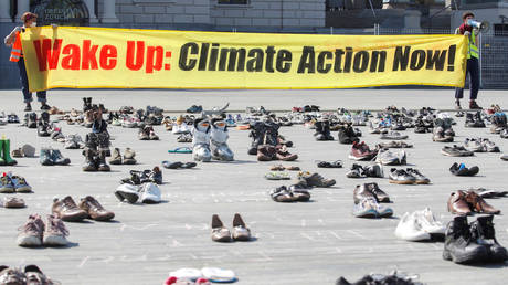 Environmental activists of Swiss Klimastreik Schweiz movement in Zurich, Switzerland April 24, 2020.