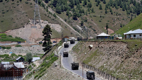 An Indian army convoy in east Kashmir's Ganderbal district, June 15, 2020.