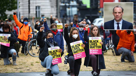(T-R) British Foreign Secretary Dominic Raab; (Main) People kneel as part of a Take The Knee event, Brixton, London © REUTERS/Hannah McKay