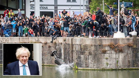 (Main) The statue of slave trader Edward Colston falls into the water in Bristol © REUTERS/Keir Gravil (B-L) PM Boris Johnson © REUTERS/John Sibley