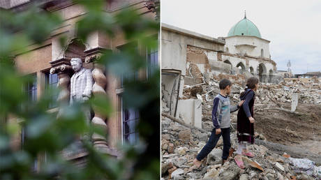 (L) A statue of Cecil Rhodes in Oxford, Britain, June 18, 2020 © Reuters / Eddie Keogh; (R) Ruins of al-Nuri Mosque in the old city of Mosul, northern Iraq, on Dec. 6, 2018 © Global Look Press / Khalil Dawood