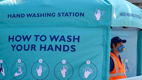 A hygiene station in London, Britain June 23, 2020.