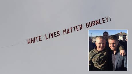 A 'White Lives Matter' banner flies over the Manchester City versus Burnley match. Inset: Jamie Hepple (L), the fan who has reportedly claimed responsibility for the stunt. © Reuters / Facebook