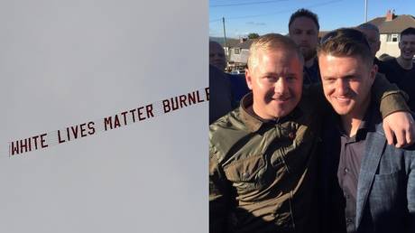 A 'White Lives Matter' banner flies over the Manchester City versus Burnley match. Inset: Jamie Hepple (L), the fan who has claimed responsibility for the stunt. © Reuters / Facebook