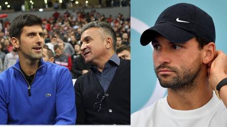 Under-fire tennis star Novak Djokovic and father Srdjan (L) and Bulgarian ace Grigor Dimitrov (R). © Getty Images / AFP