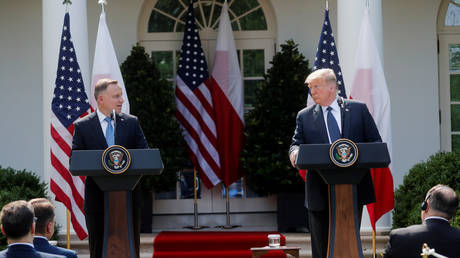 US President Donald Trump holds a joint news conference with Poland's President Andrzej Duda in the Rose Garden at the White House, June 24, 2020.